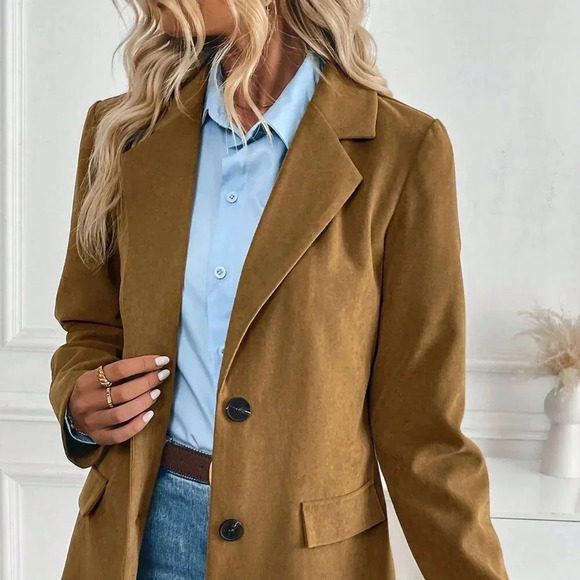 Brown Casual Women's Lapel Faux Pocket Decor Blazer - Picture 6 of 7